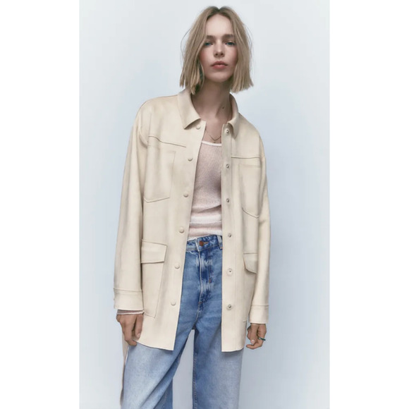 Zara Faux Suede Overshirt Womens XS Champagne Snap Button Pockets Jacket *READ - Picture 15 of 16